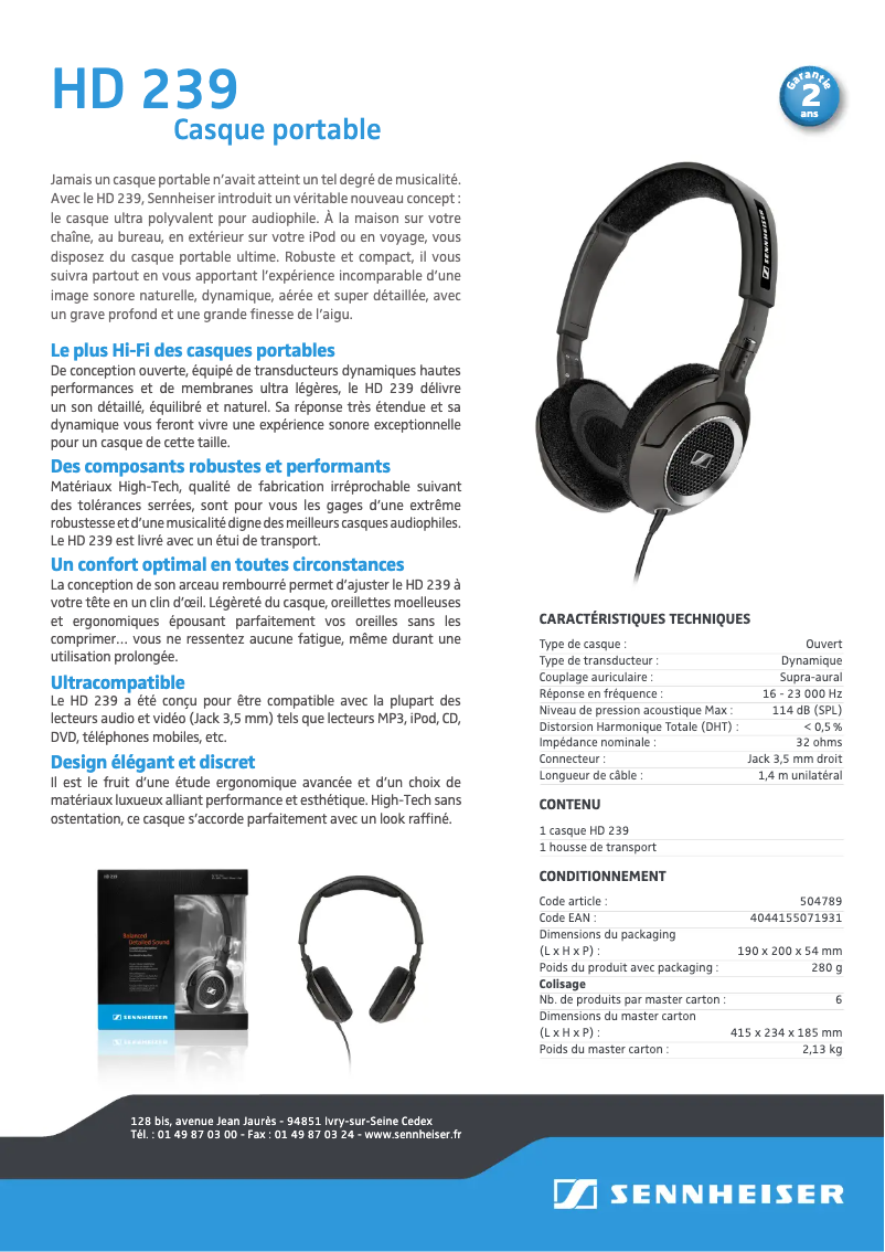 Page n°1 - Fiche technique Sennheiser HD 239
