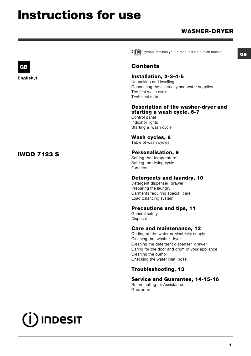 Page 1 de la notice Manuel utilisateur Indesit IWDD 7123