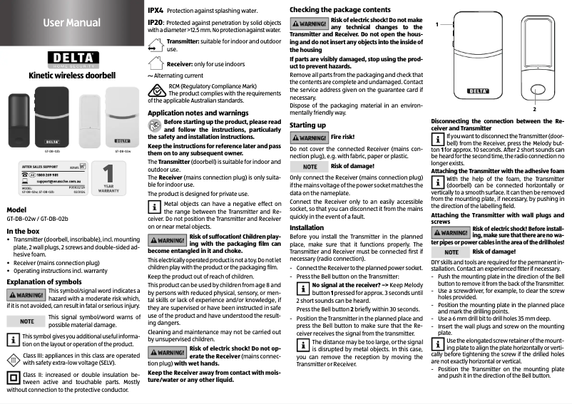 Page n°1 - Manuel utilisateur Delta GT-DB-01b