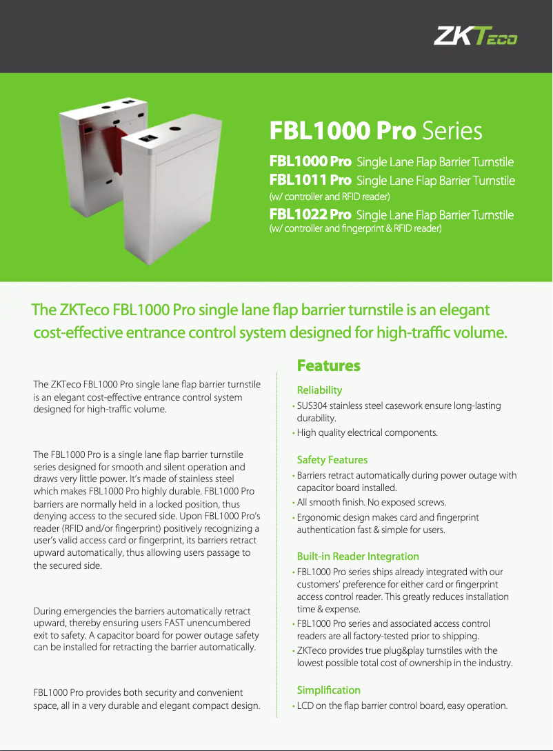Page n°1 - Fiche technique ZKTeco FBL1000 PRO