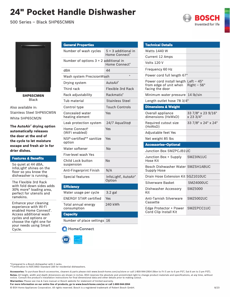 Página 1 del manual Ficha técnica Bosch SHP65CM6N