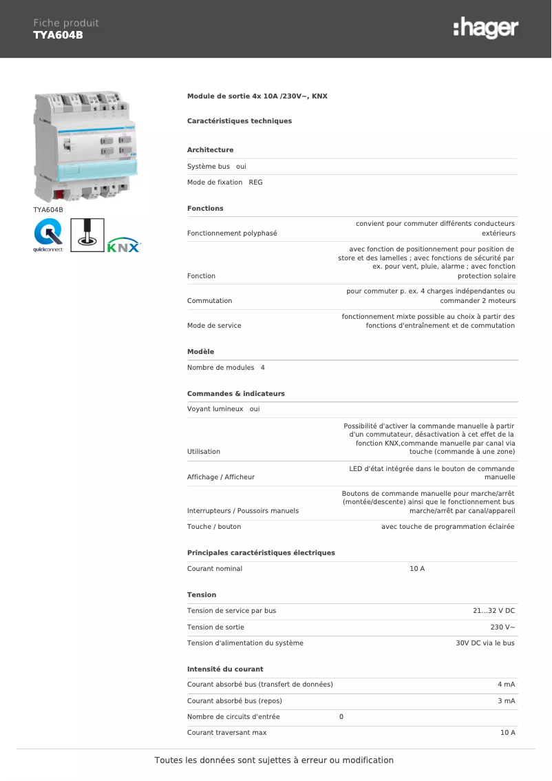 Page 1 de la notice Fiche technique Hager TYA604B