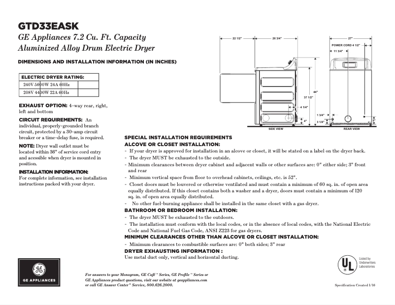 Página 1 del manual Ficha técnica GE GTD42EASJWW