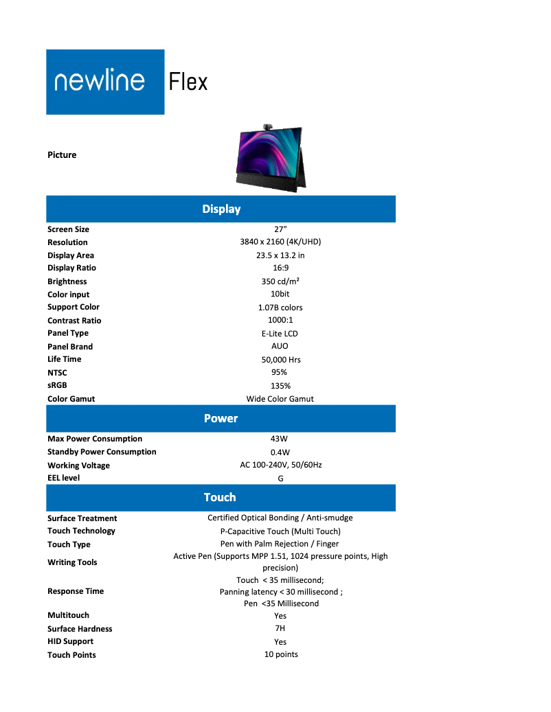 Page n°1 - Fiche technique Newline Flex