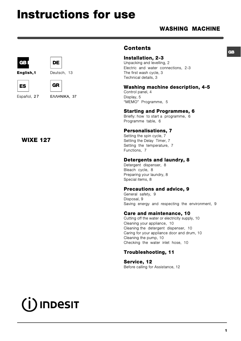 Image de la première page du manuel de l'appareil WIXE127