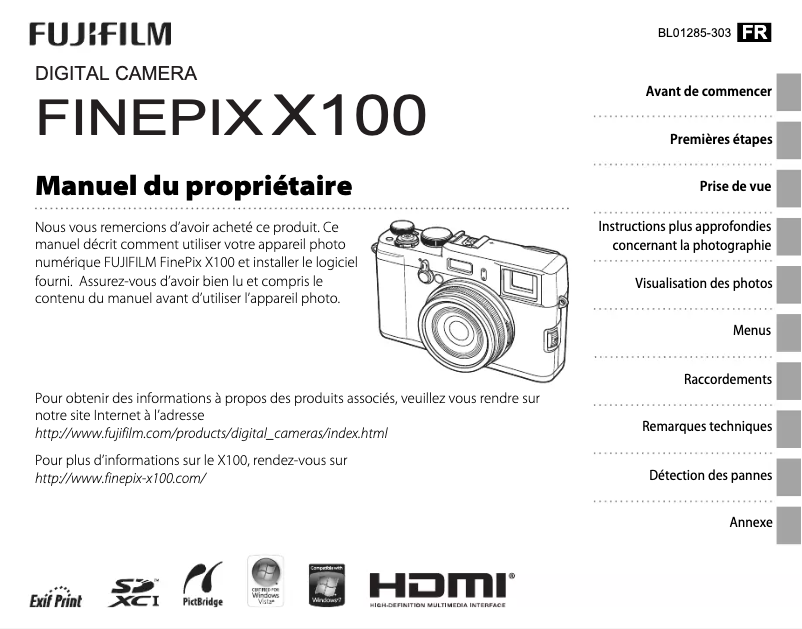 Image de la première page du manuel de l'appareil FinePix X100