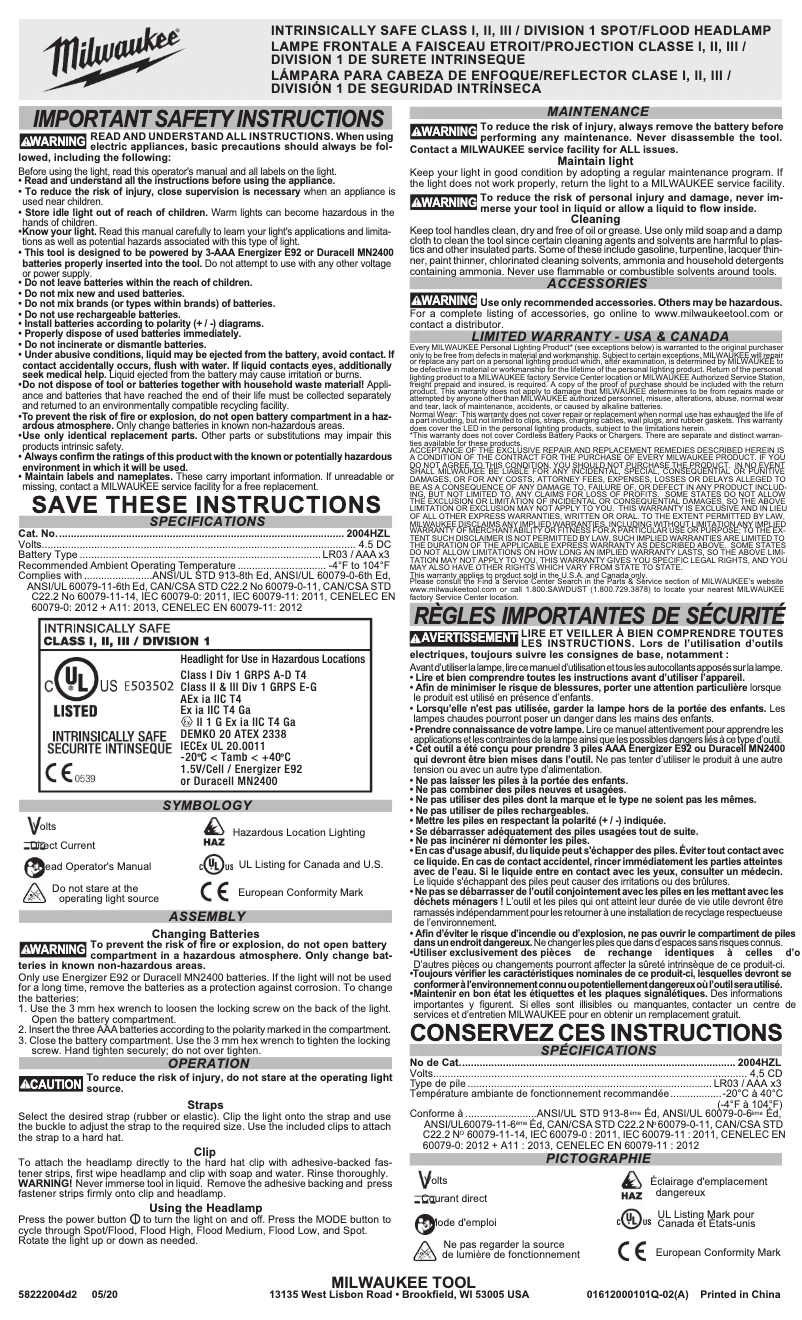 Page n°1 - Manuel utilisateur Milwaukee 2004HZL