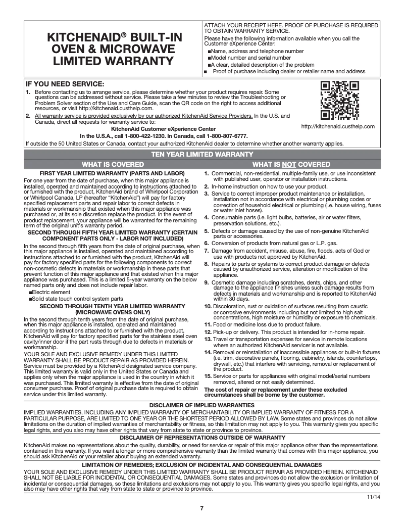 Page n°1 - Informations de garantie KitchenAid KMHC319EBL