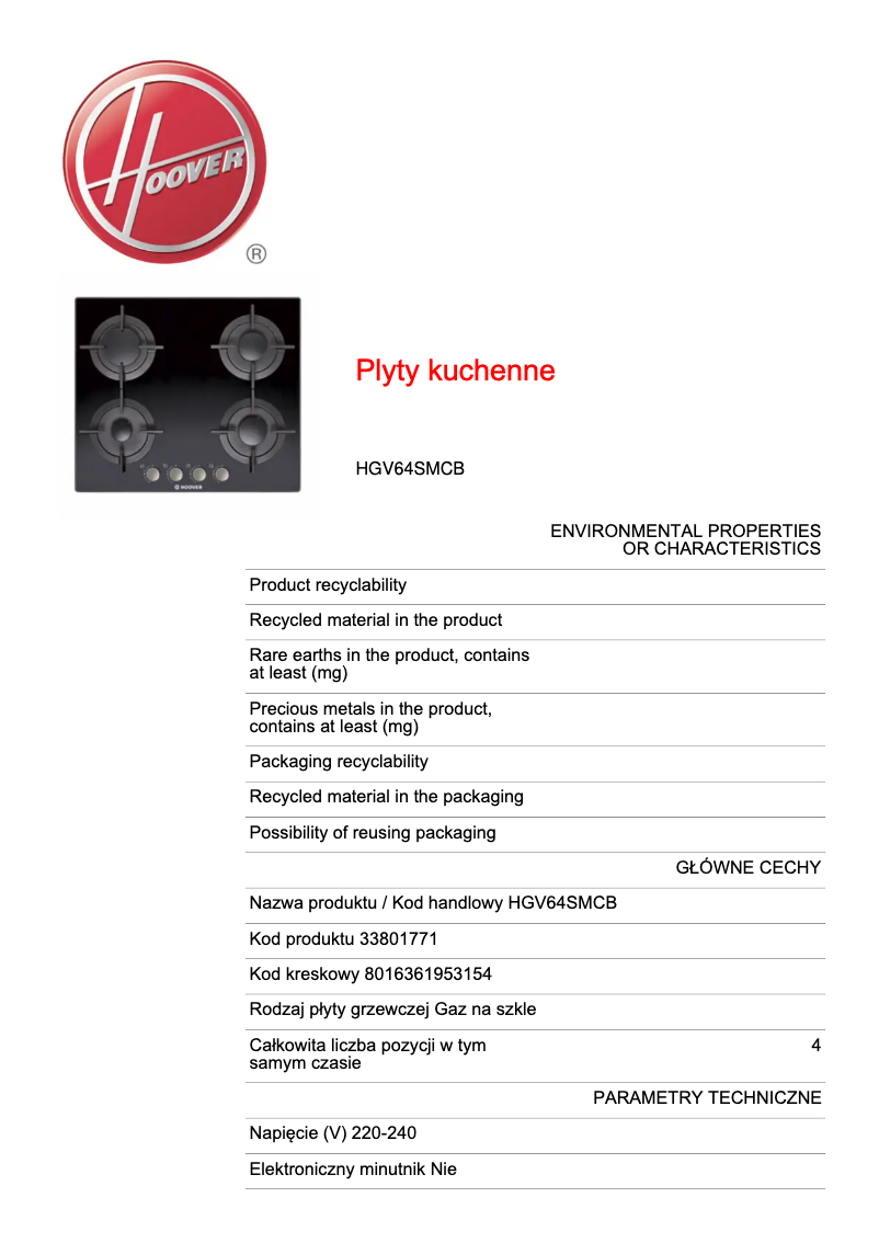 Page n°1 - Fiche technique Hoover HGV64SMCB