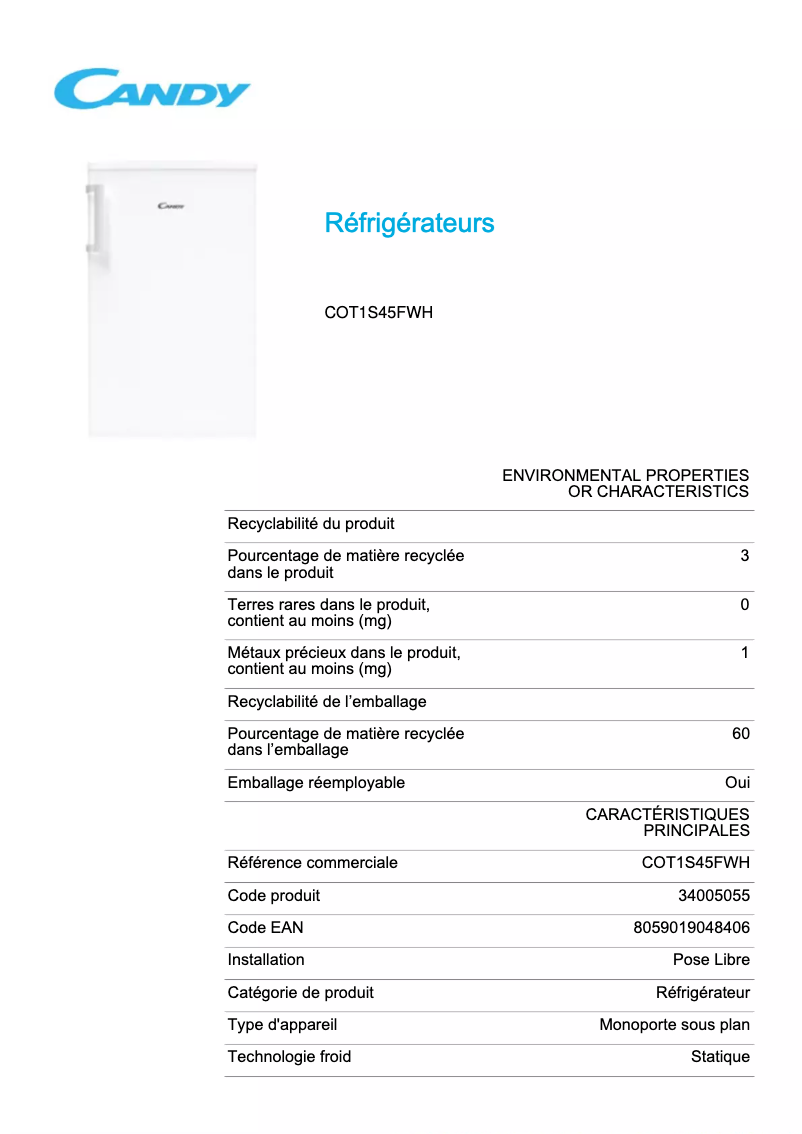 Page 1 de la notice Fiche technique Candy COT1S45FWH