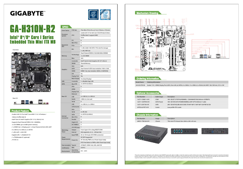 Page 1 de la notice Fiche technique Gigabyte GA-H310TN-R2