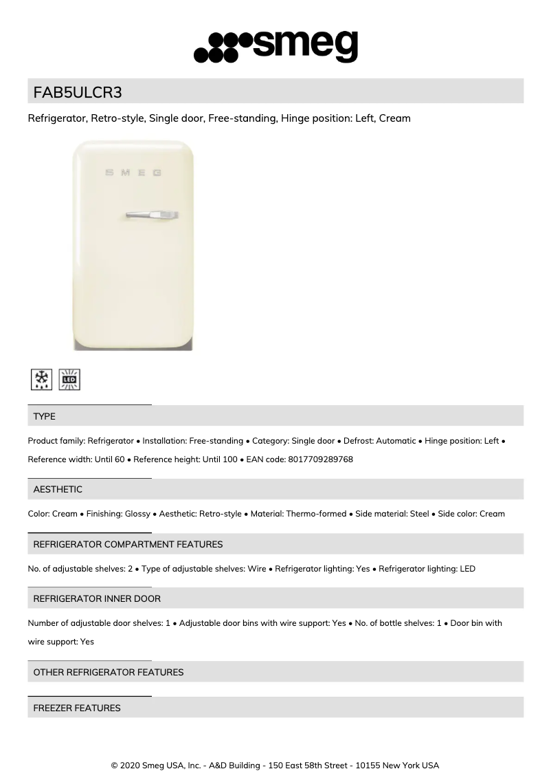 Page n°1 - Fiche technique Smeg FAB5ULCR3