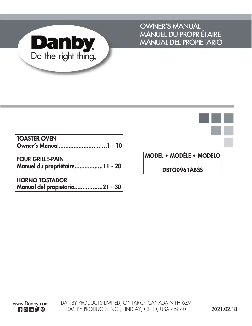 Page n°1 - Manuel utilisateur Danby DBTO0961ABSS