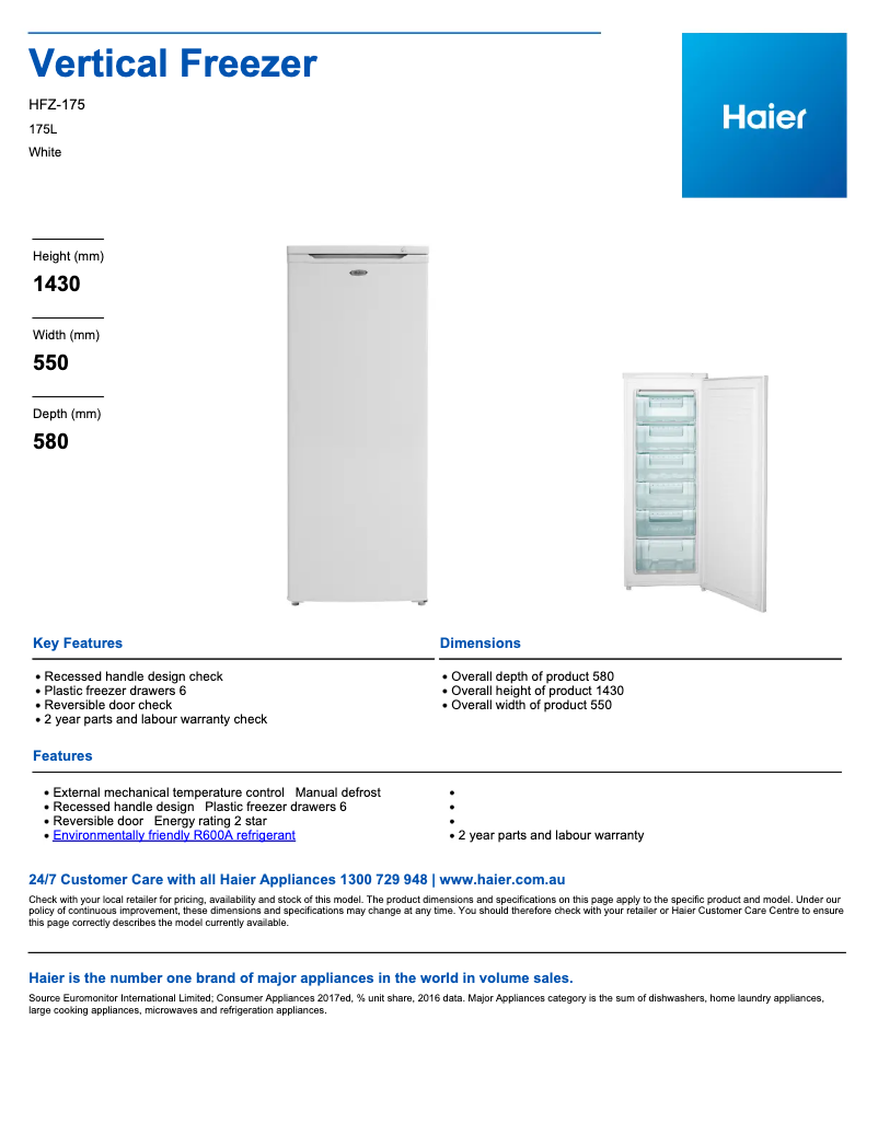 Page 1 de la notice Fiche technique Haier HFZ-175