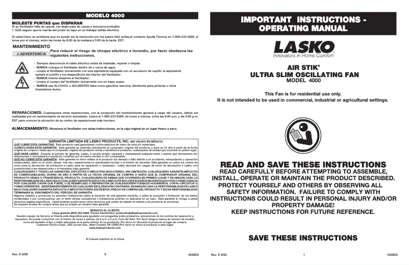 Page 1 de la notice Manuel utilisateur Lasko Air Stik 4000