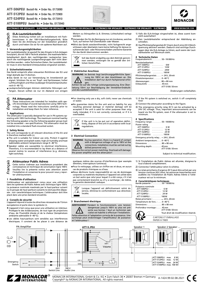 Page n°1 - Manuel utilisateur Monacor ATT-524PEU