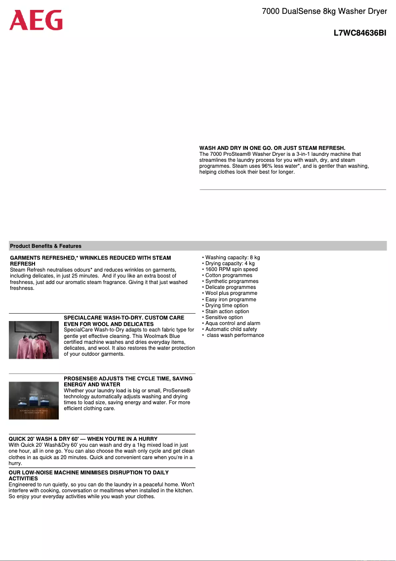 Page 1 de la notice Fiche technique AEG L7WC84636BI