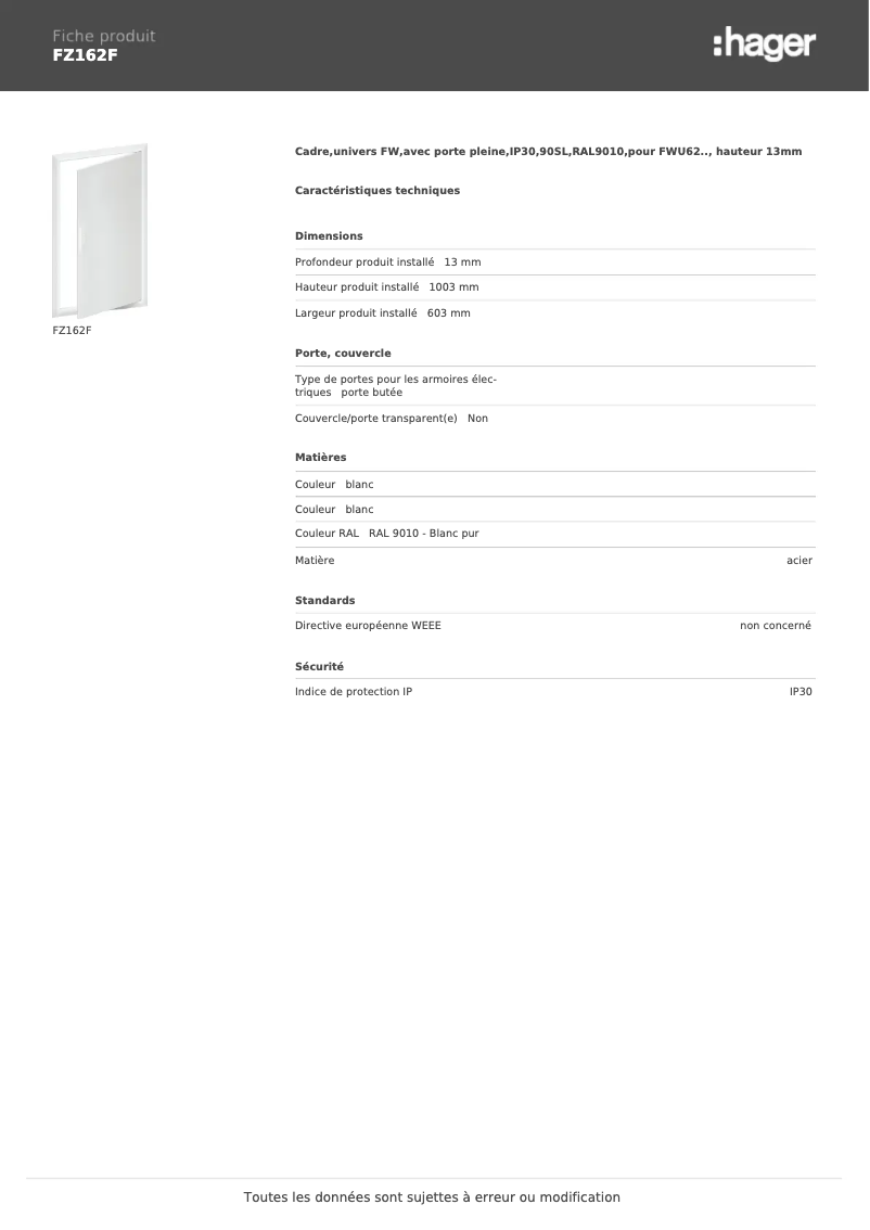 Page 1 de la notice Manuel utilisateur Hager FZ162F