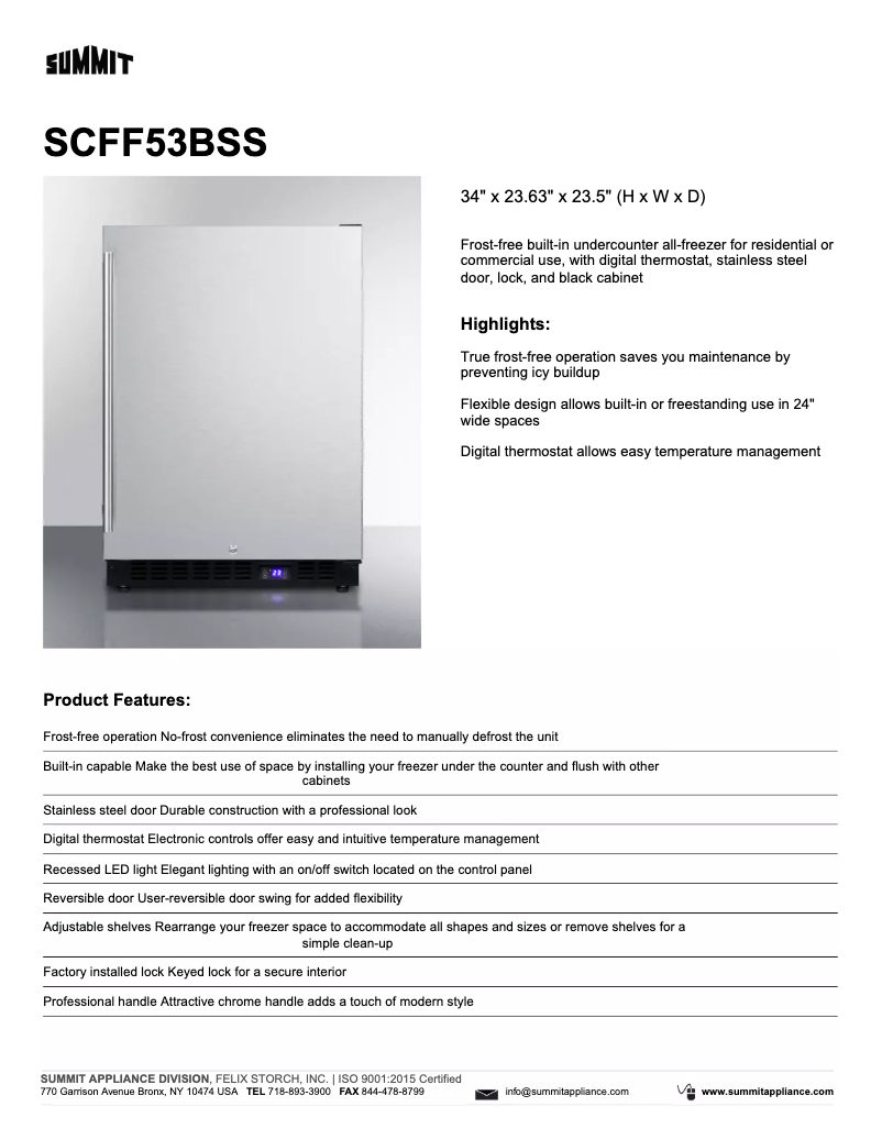 Page n°1 - Fiche technique Summit SCFF53BSS