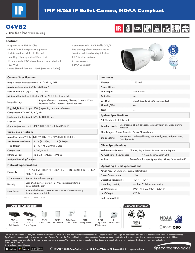 Página 1 del manual Ficha técnica Speco Technologies O4VB2