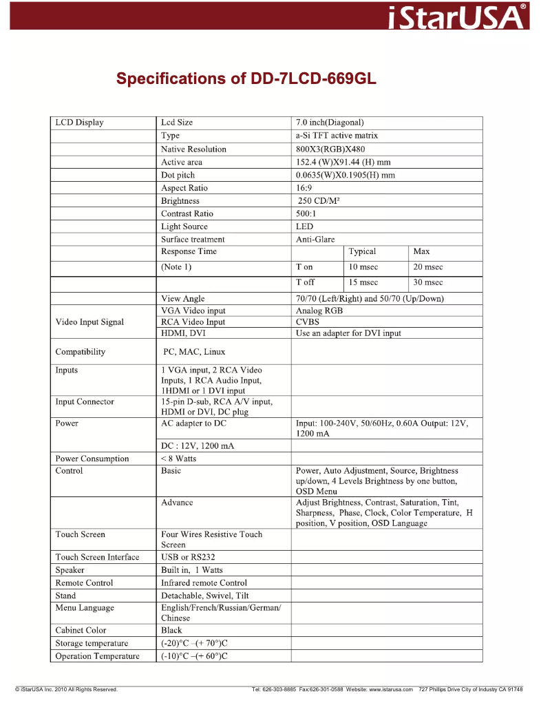 Page n°1 - Manuel utilisateur iStarUSA DD-7LCD-669GL