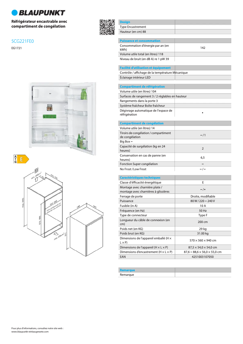 Page 1 de la notice Fiche technique Blaupunkt 5CG221FE0