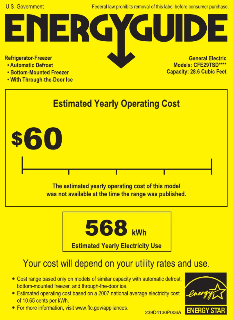 Page 1 de la notice Label énergétique GE CFE29TSDSS