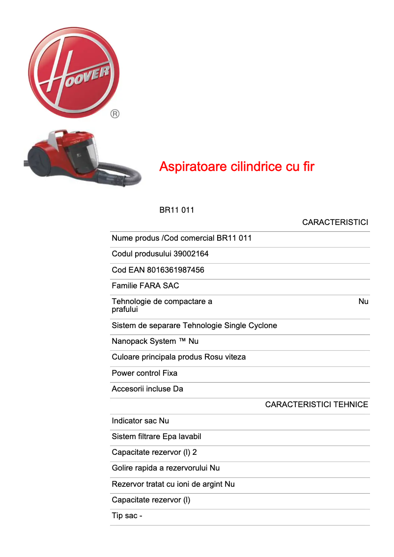 Page n°1 - Fiche technique Hoover Breeze BR11 011