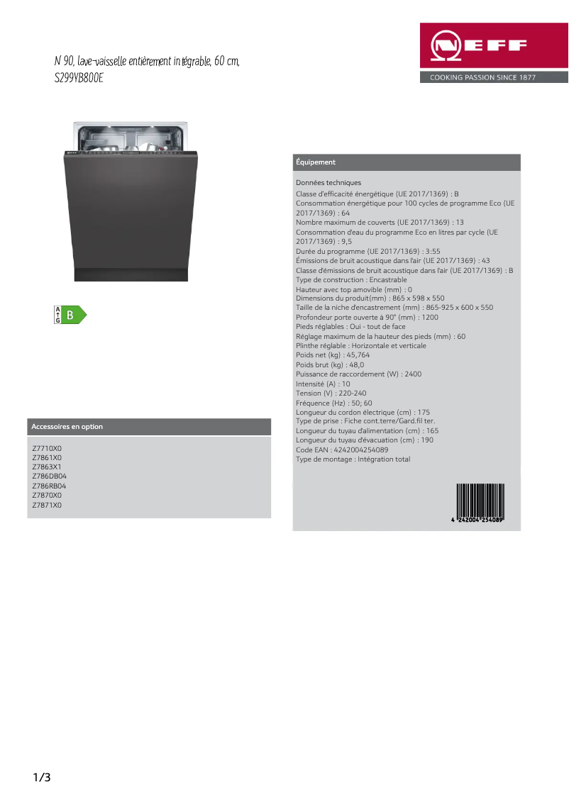 Page n°1 - Fiche technique Neff S299YB800E