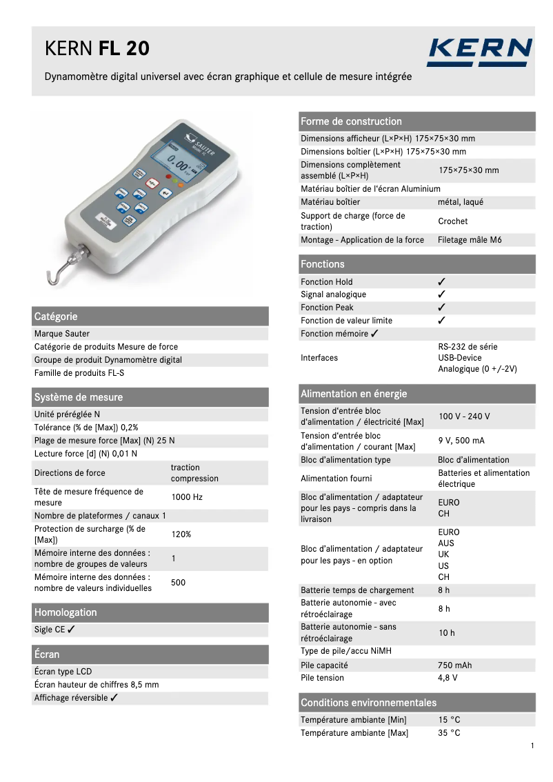Página 1 del manual Ficha técnica Sauter FL 20