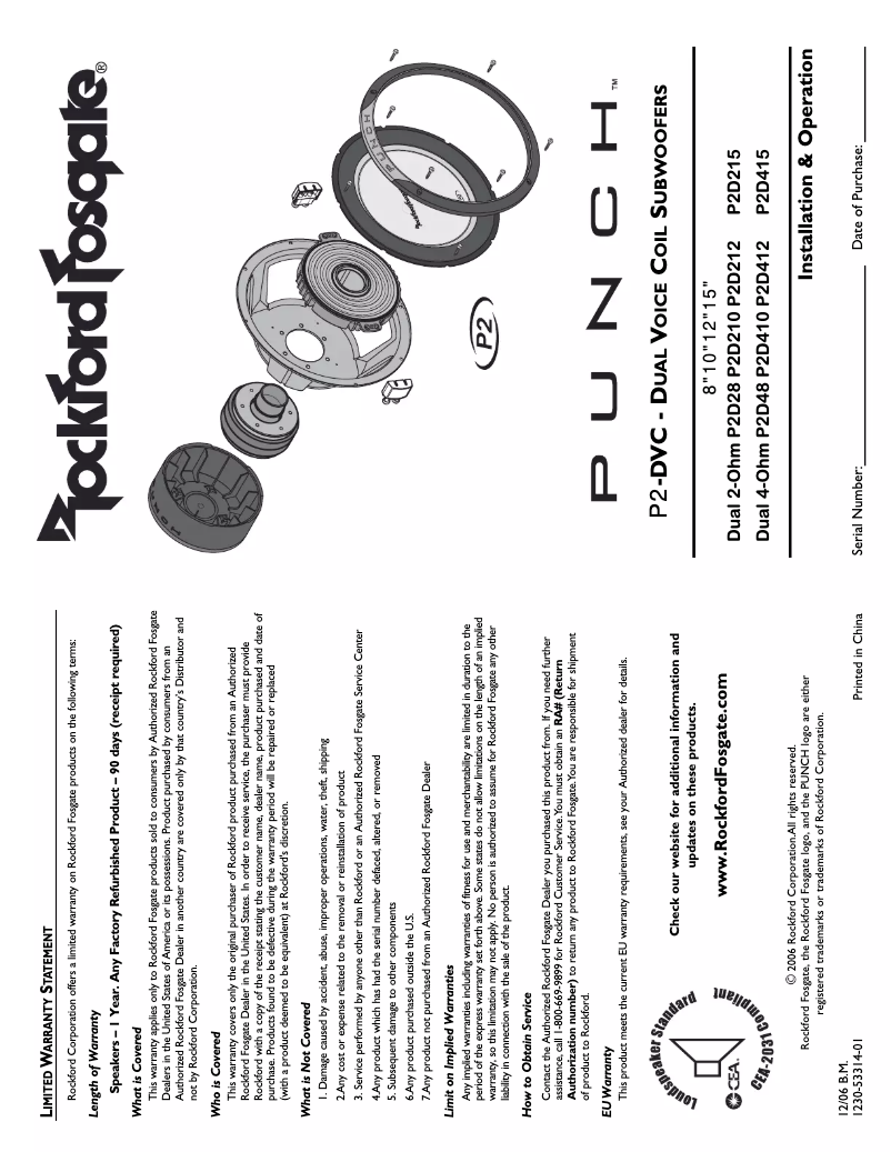 Page 1 de la notice Manuel utilisateur Rockford Fosgate Punch P2D212