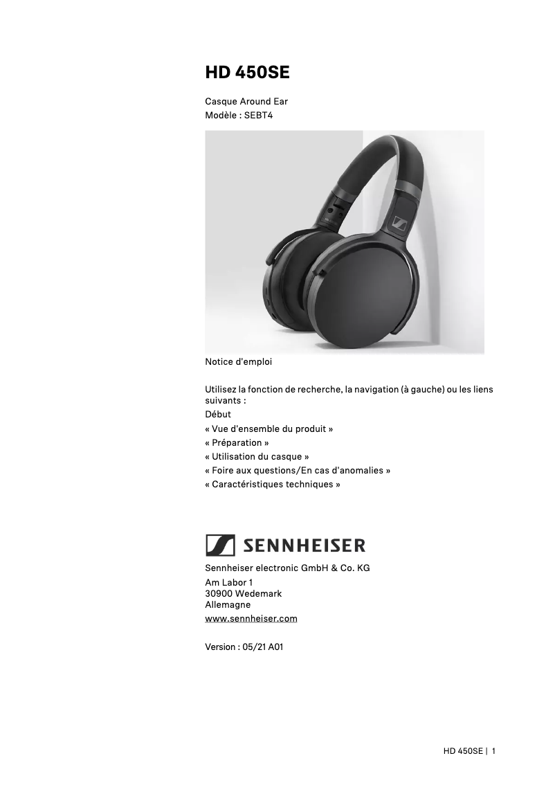 Page 1 de la notice Manuel utilisateur Sennheiser HD 450SE