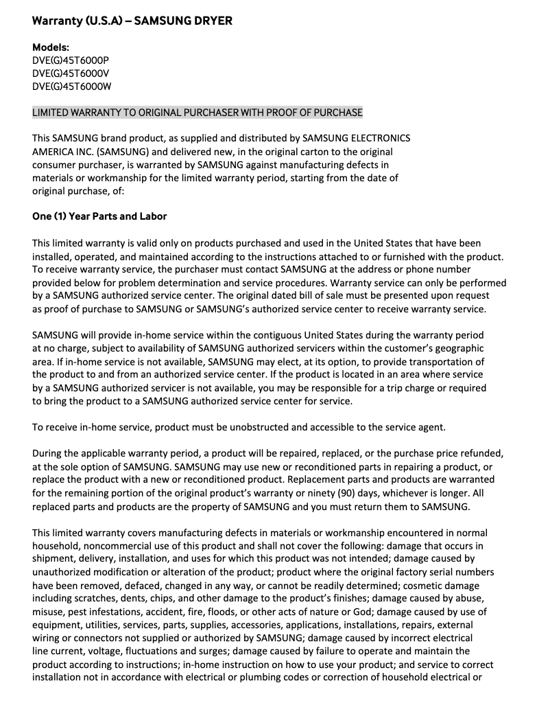 Page n°1 - Informations de garantie Samsung DVE45T6000V