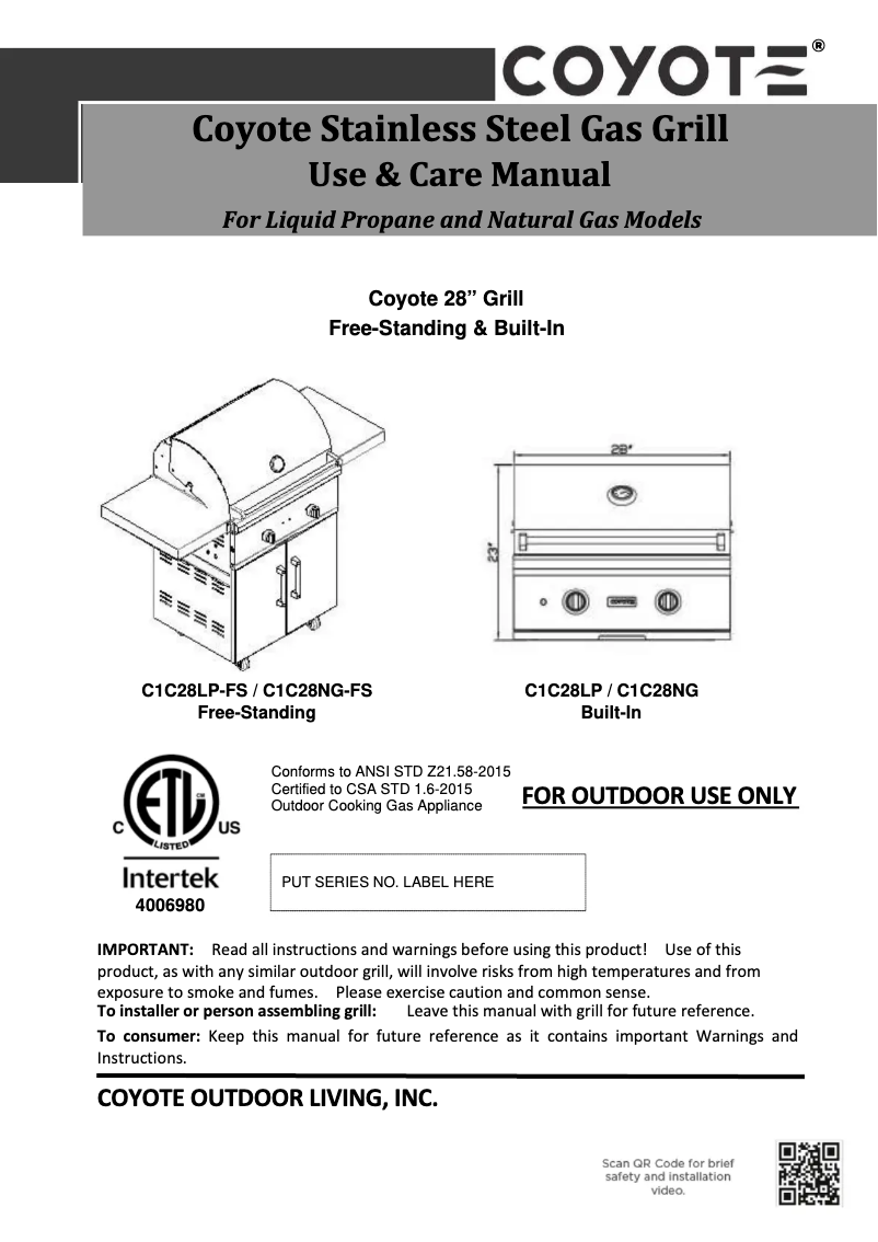Page 1 de la notice Manuel d'utilisation et d'entretien Coyote C1C28LP