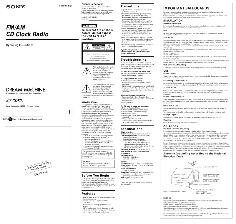 Page 1 de la notice Manuel utilisateur Sony ICF-CD821