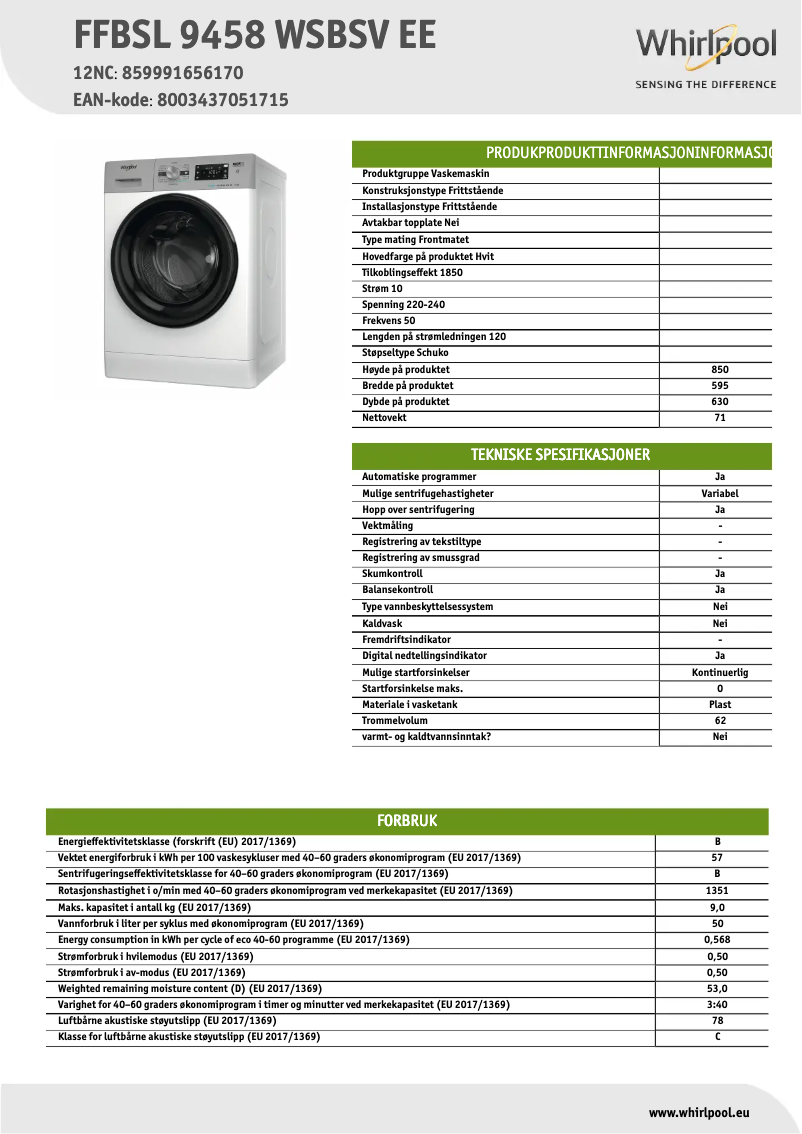 Página 1 del manual Ficha técnica Whirlpool FFBSL 9458 WSBSV