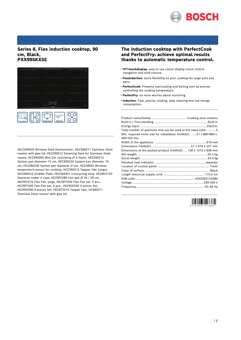 Page 1 de la notice Fiche technique Bosch PXX995KX5E