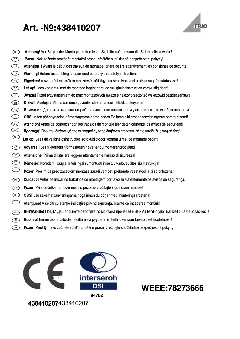 Page 1 de la notice Manuel utilisateur Trio Lighting Lopez 438410207