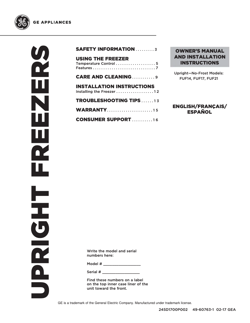 Page n°1 - Manuel utilisateur GE FUF21DLRWW