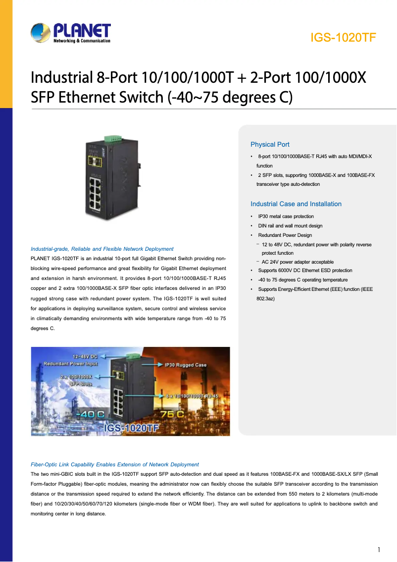 Page 1 de la notice Fiche technique Planet IGS-1020TF