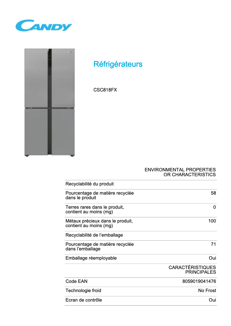 Page 1 de la notice Fiche technique Candy CSC818FX