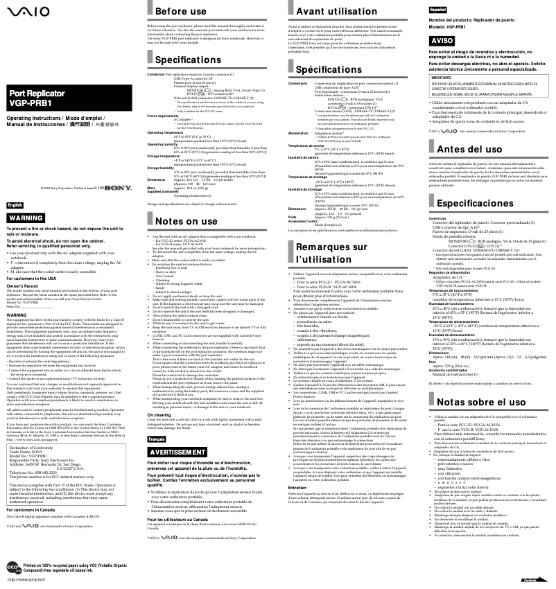 Image de la première page du manuel de l'appareil VGP-PRB1