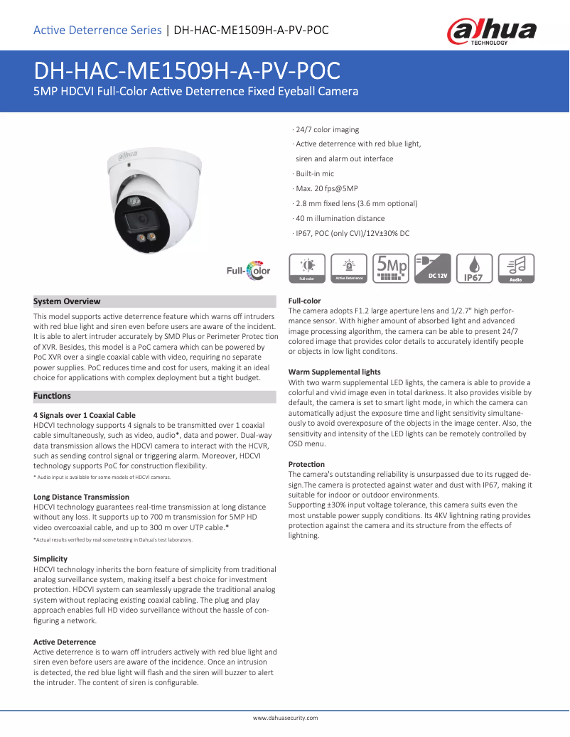Page 1 de la notice Fiche technique Dahua Technology HAC-ME1509H-A-PV-POC