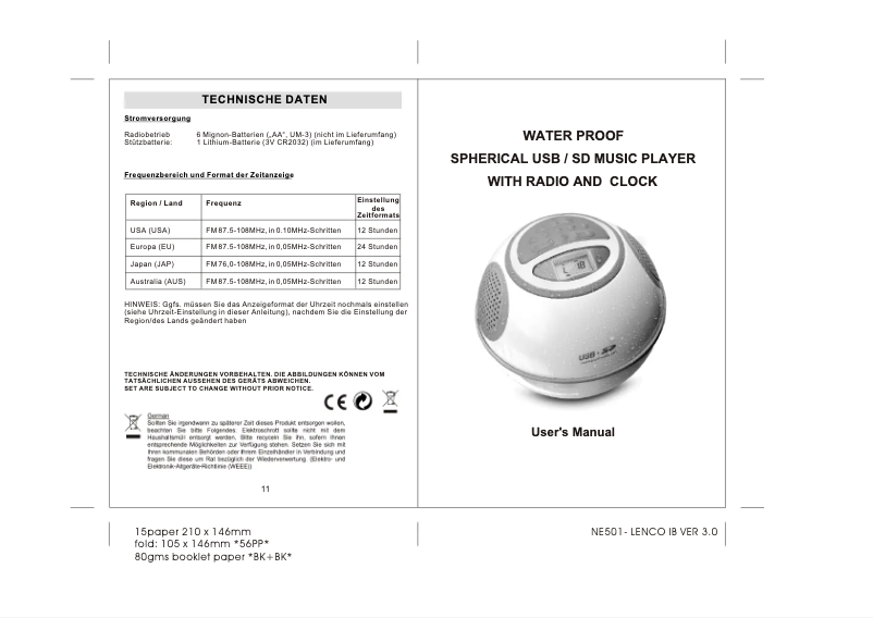Page 1 de la notice Manuel utilisateur Lenco WPR-060