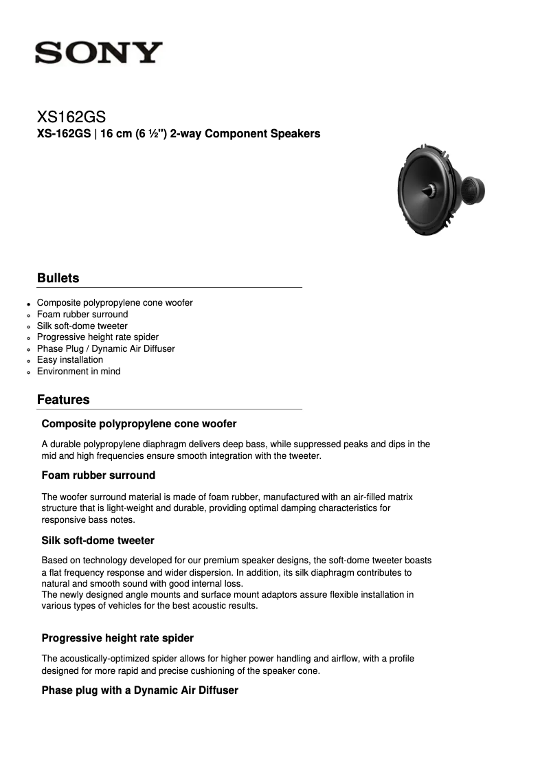 Página 1 del manual Ficha técnica Sony XS-162GS
