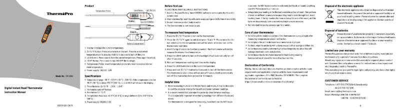 Page n°1 - Manuel utilisateur ThermoPro TP-01H