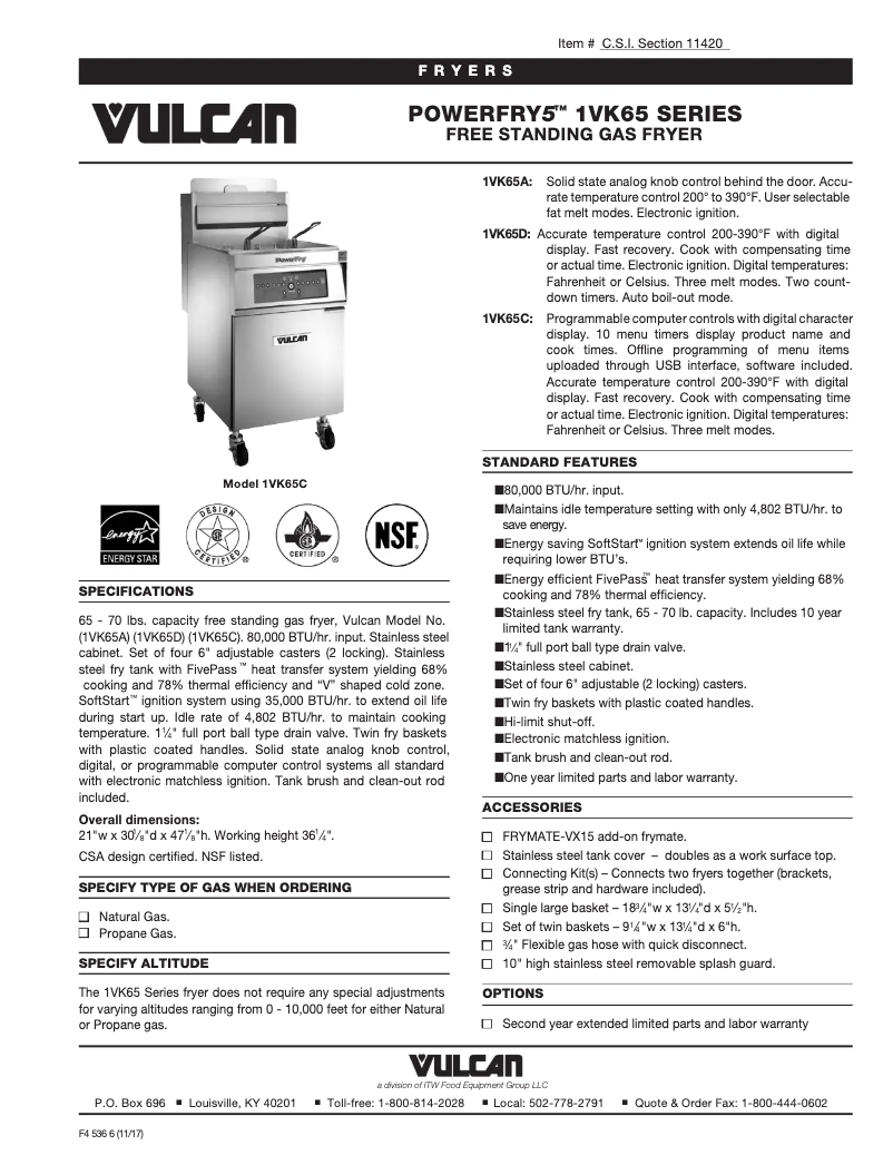 Page 1 de la notice Fiche technique Vulcan VK65
