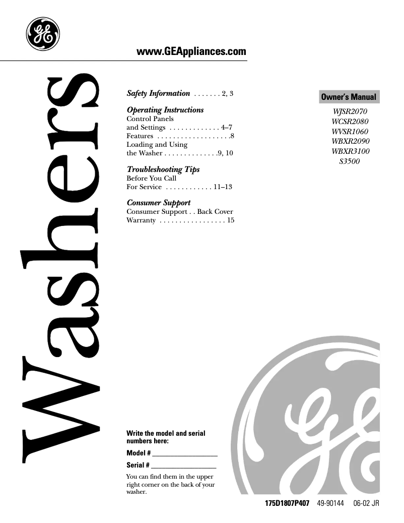 Page 1 of the manual User Manual GE WVSR1060