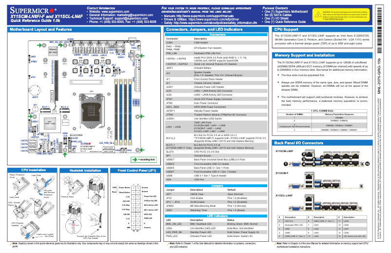Page 1 de la notice Guide de démarrage rapide Supermicro X11SCL-LN4F
