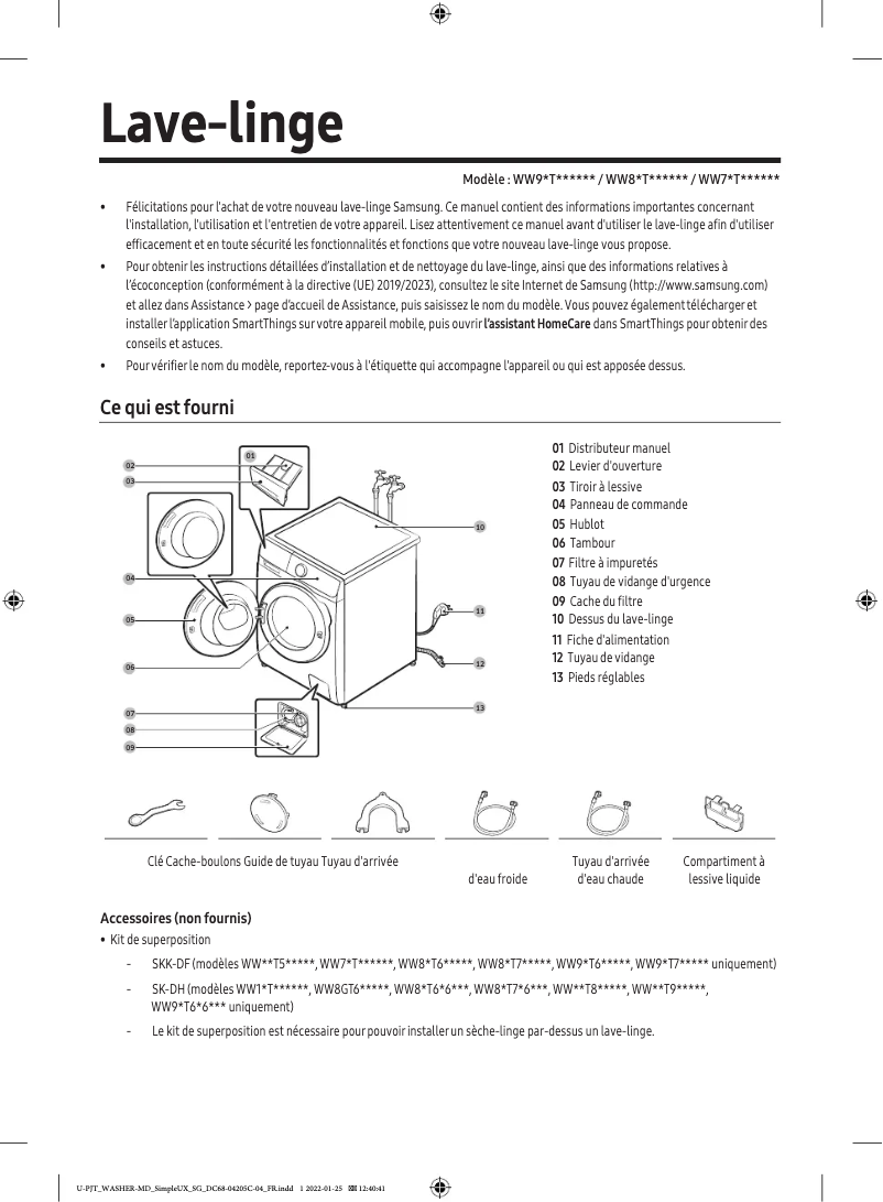 Page n°1 - Manuel utilisateur Samsung WW90T554DTW/S3